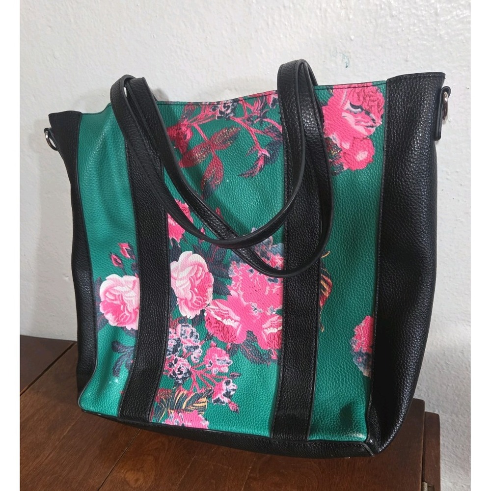 1990 Gold Steve Madden Floral Green Tote Purse Pink Flowers Shoulder Bag